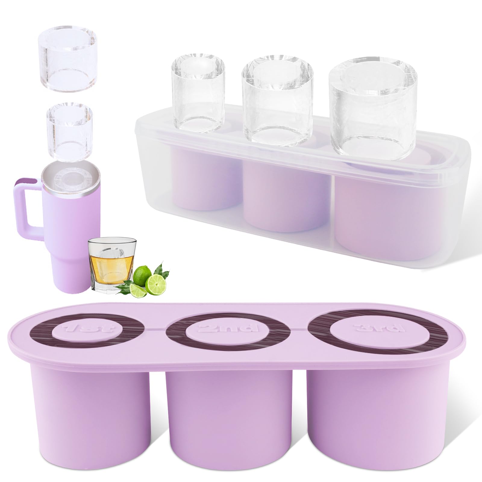 Tcamp Tumbler Ice Mold Ice Cube Tray for 30 oz -40 oz Tumbler Cup 3 Pcs Silicone Hollow Cylinder Ice Mold with Lid and Bin for Freezer Ice Drink Juice Whiskey Cocktail (Purple)